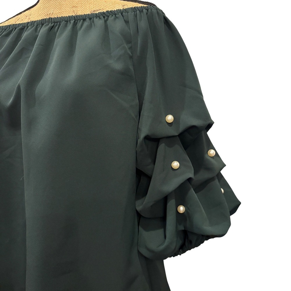 CeCe Womens Green Off the Shoulder Pearl Tiered Ruffle Sleeve Blouse Size Large - Picture 2 of 5